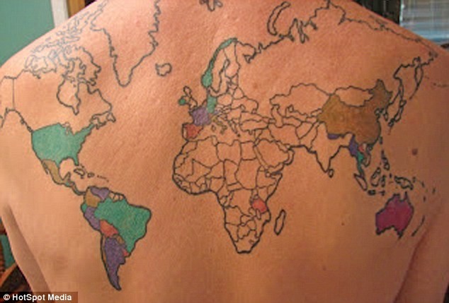 Travel Tattoo: Man Tattoos Map on His Back and Fills In Countries He's Visited 1 travel tattoo