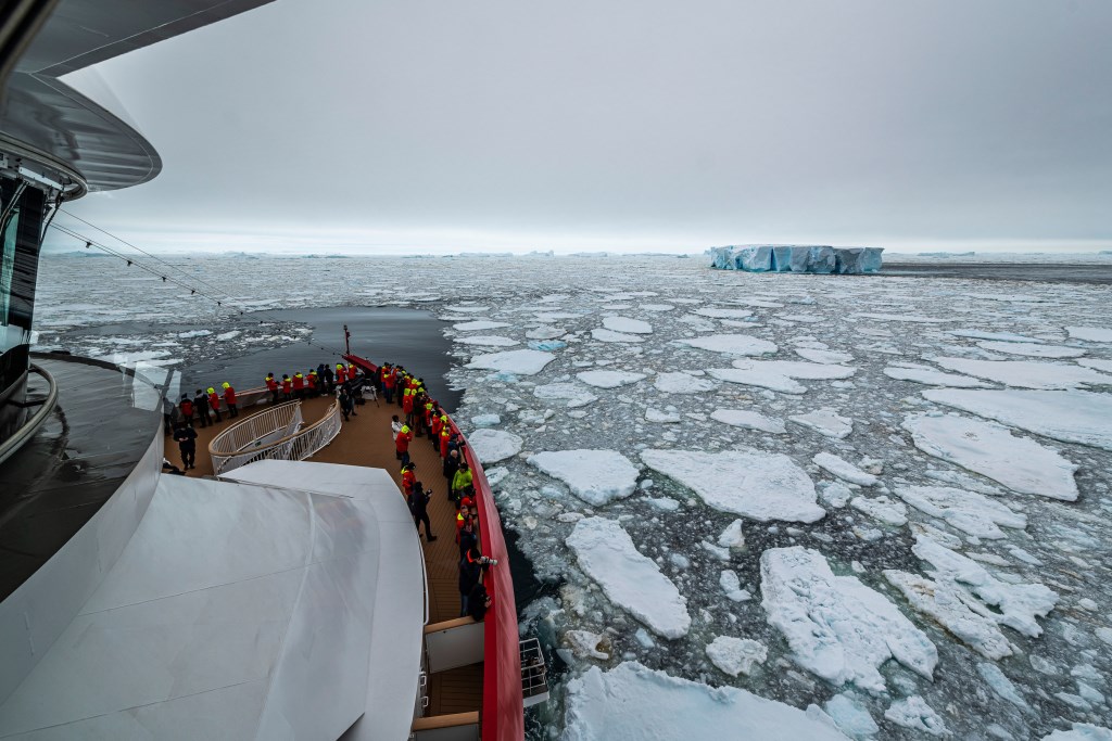 MS Roald Amundsen carries passengers to 70 Degrees South in the Antarctic region, the furthest south of any Hurtigruten expedition cruise ship in the company’s 127-year history. (PRNewsfoto/Hurtigruten)