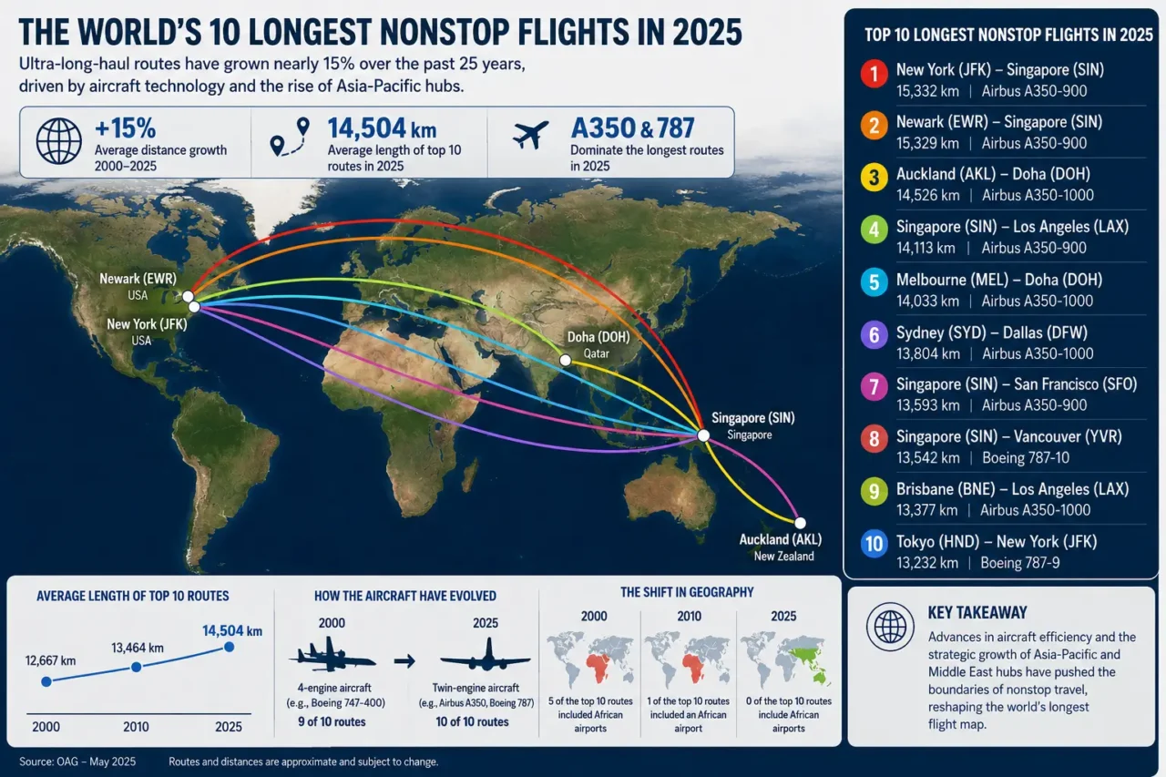 World’s Longest Non-Stop Flights Have Expanded Nearly 15% In 25 Years 15 longest non-stop flights